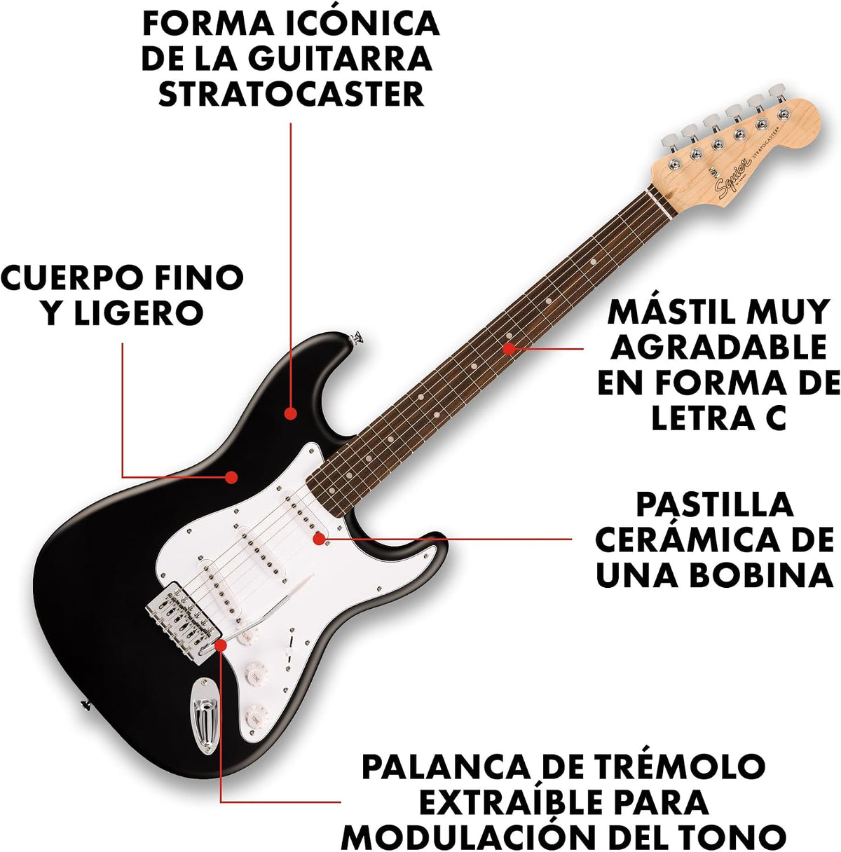 Fender Squier Debut Series Stratocaster Electric Guitar Bundle with Gig Bag, Black Electric Guitar with Matte Finish and Padded Case with Straps