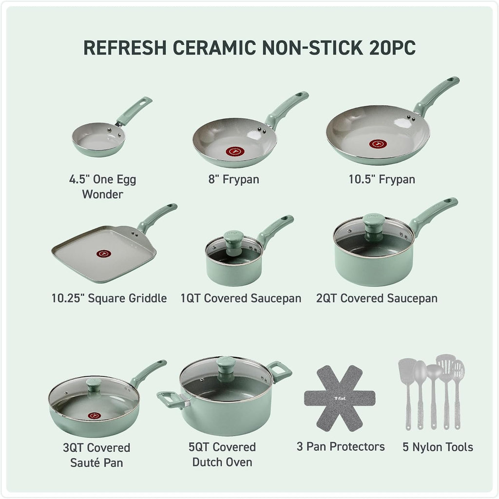 T-Fal Refresh Ceramic Nonstick Cookware Set, 20-Piece, Oven Safe to 350°F, Stockpot, Ceramic Pots and Pans Set, Frying Pans, Griddle, Utensils, Mint Green