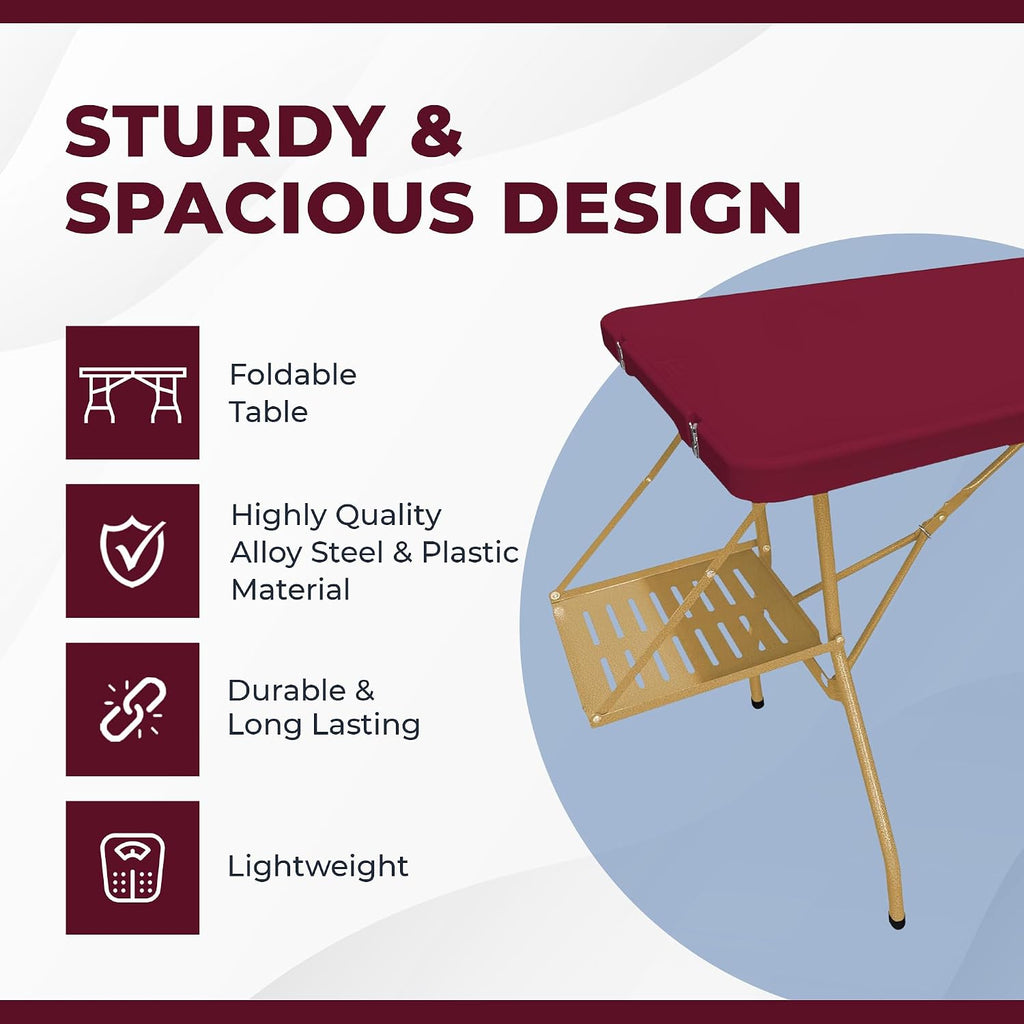Creative Outdoor Folding Table and Chairs, 6 Ft, Built-in Wheels, Portable Durable Plastic (Dark Red & Gold)