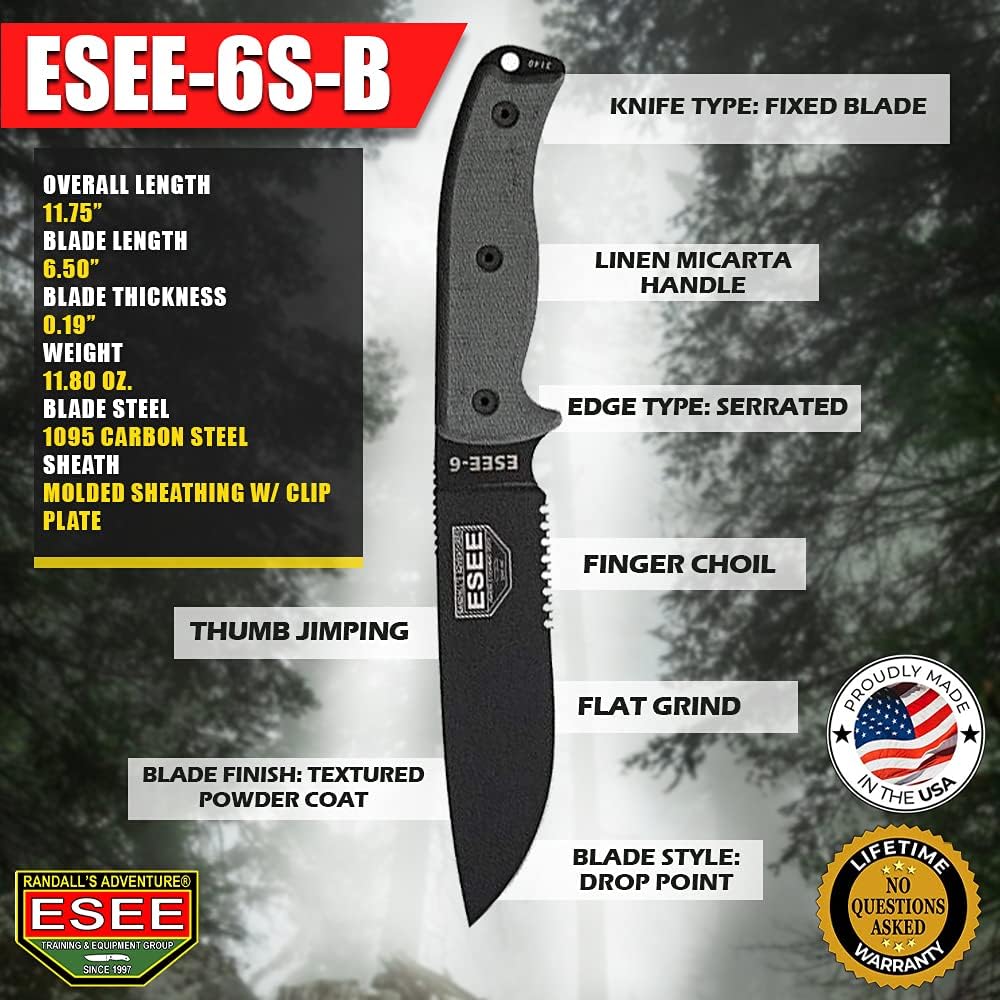 ESEE Knives 6P Fixed Blade Knife w/Molded Polymer Sheath (Black Blade/Serrated Edge/Black Sheath)