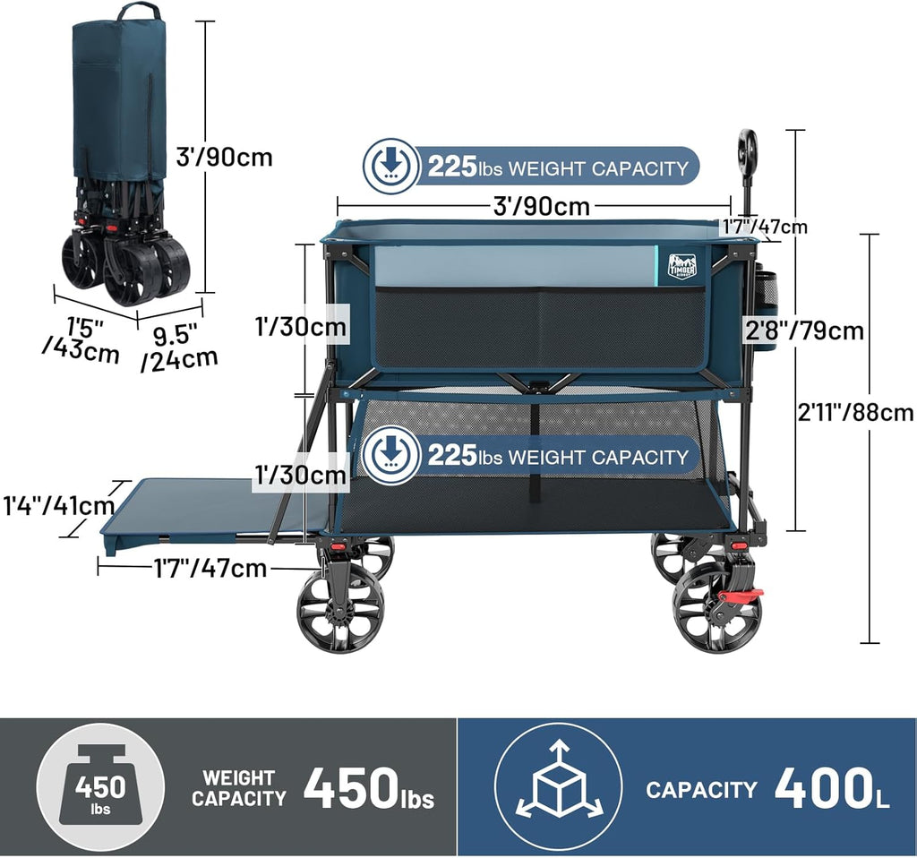TIMBER RIDGE 400L Large Capacity Folding Double Decker Wagon with Brakes, 54' Extra Long Extender Wagon Cart, 450lbs Heavy Duty Collapsible Cart, All-Terrain Big Wheels for Camping, Sports, Shopping
