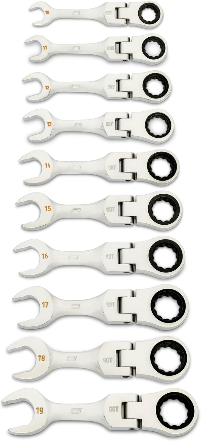 GEARWRENCH 10 Piece 90-Tooth 12 Point Stubby Flex Combination Ratcheting Wrench Set, Metric | 10mm - 19mm | 86870