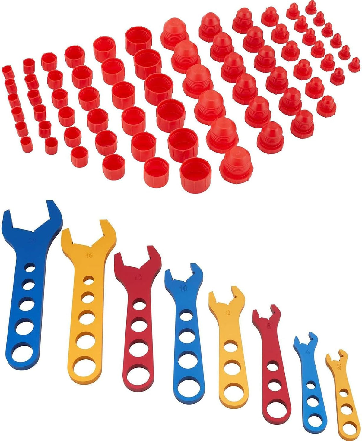 Speedway Motors Aluminum AN Fitting Wrench Set with 72 Piece Cap and Plug Kit, AN3 AN4 AN6 AN8 AN10 AN12 AN16 AN20 Wrenches with Roll Case