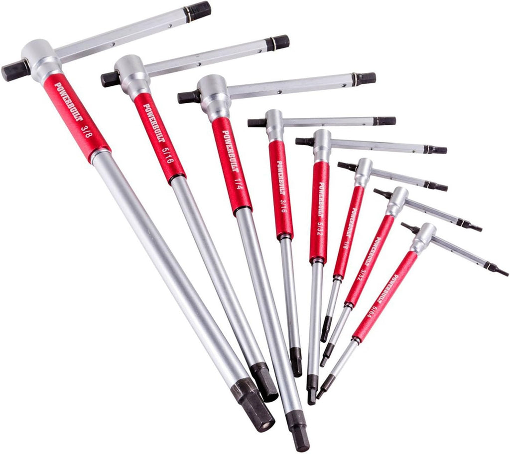 Powerbuilt 8 Pc SAE T-Handle Hex Allen Key Wrench Set w/ Speed Sleeves for Fast Spinning Action, Sliding Top Handle for 'T' or 'L' Shape, Long Shafts, Storage Rack, Auto, Bicycle, Moto - 941644 , Red