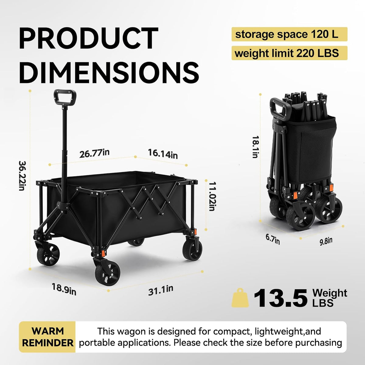 Collapsible Foldable Wagon Cart, Utility Garden Wagon with 220lbs Weight Capacity, Heavy Duty Lightweight Portable Grocery Wagon for Outdoor,Sports,Camping and Shopping, Black