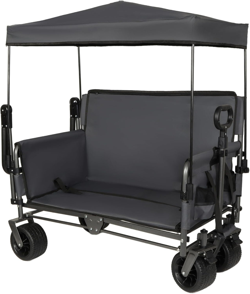 3-in-1 Heavy-Duty Folding Wagon Cart with Adjustable Canopy & Bench Seat – 500lbs Capacity, All-Terrain Utility Cart for Camping, Beach, Sports, Garden Storage (Gray)