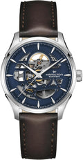 Hamilton Jazzmaster Skeleton Automatic Men's Watch, 40mm Stainless Steel Case, Swiss Made, Blue Dial Analog Wrist Watch for Men, 50m Waterproof, Sapphire Crystal, 3-Hand Movement, Cow Leather Strap