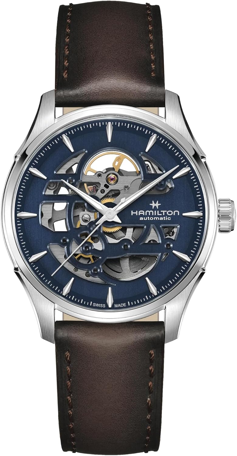 Hamilton Jazzmaster Skeleton Automatic Men's Watch, 40mm Stainless Steel Case, Swiss Made, Blue Dial Analog Wrist Watch for Men, 50m Waterproof, Sapphire Crystal, 3-Hand Movement, Cow Leather Strap