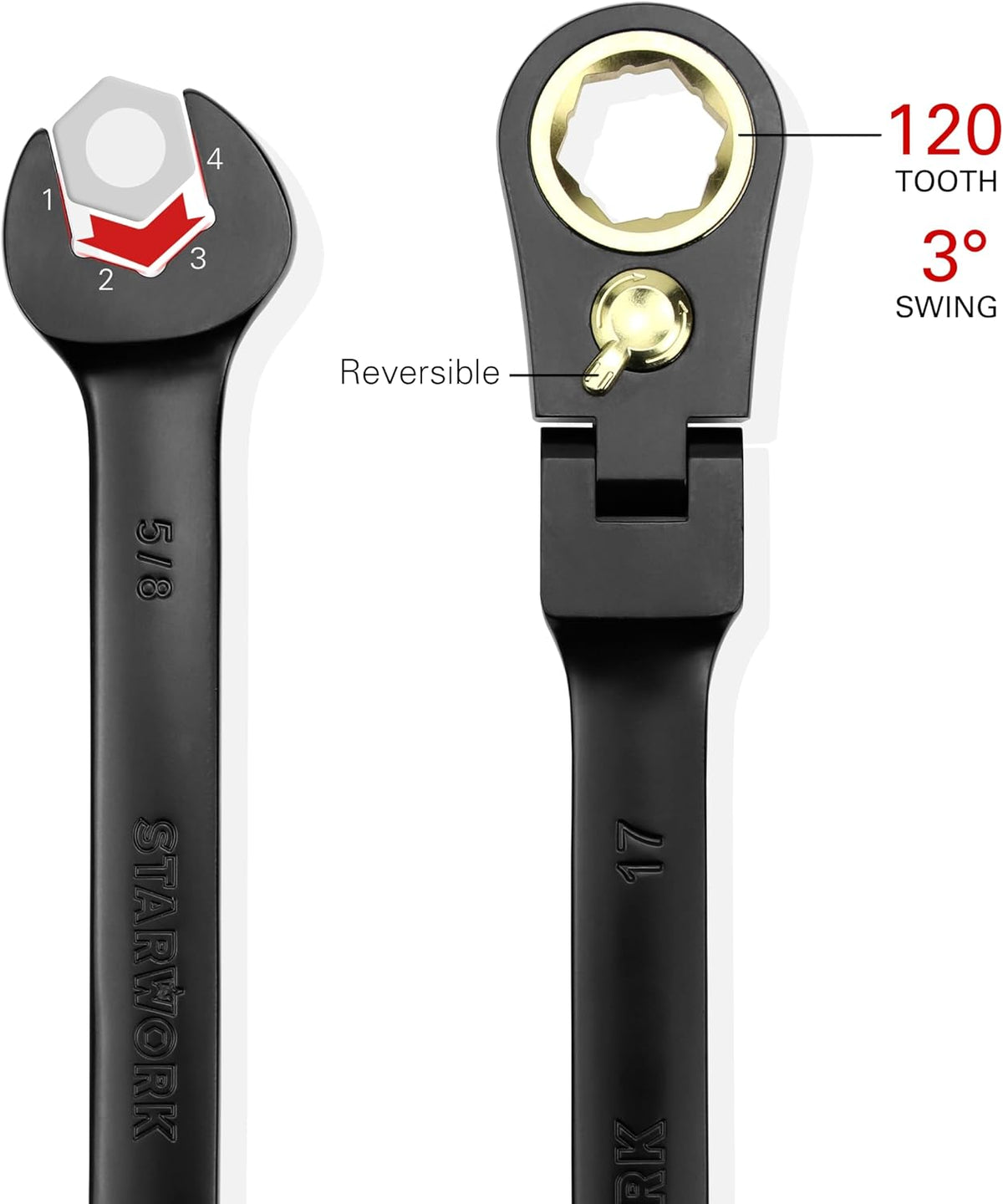 STARWORK TRUE MECHANIC™ 20 Pc. 120-Tooth Flex-Head Reversible Ratcheting Wrench Set, Combination Ratchet Wrench Set, Anti-Slip, Long Pattern, 6-Point, Professional, SAE/Metric