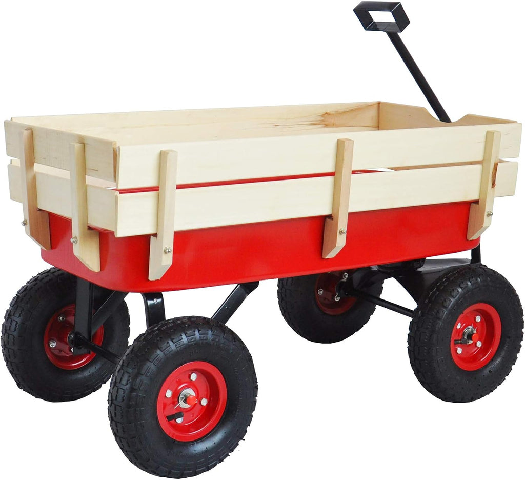 Outdoor Heavy Duty Wagon Cart for All Terrain Pulling, Steel Wagon Frame Removable Wooden Panels Adjustable Handle Air Tires Sport Wagon for Kids Camping Garden, Max. Load 176 lbs, Red