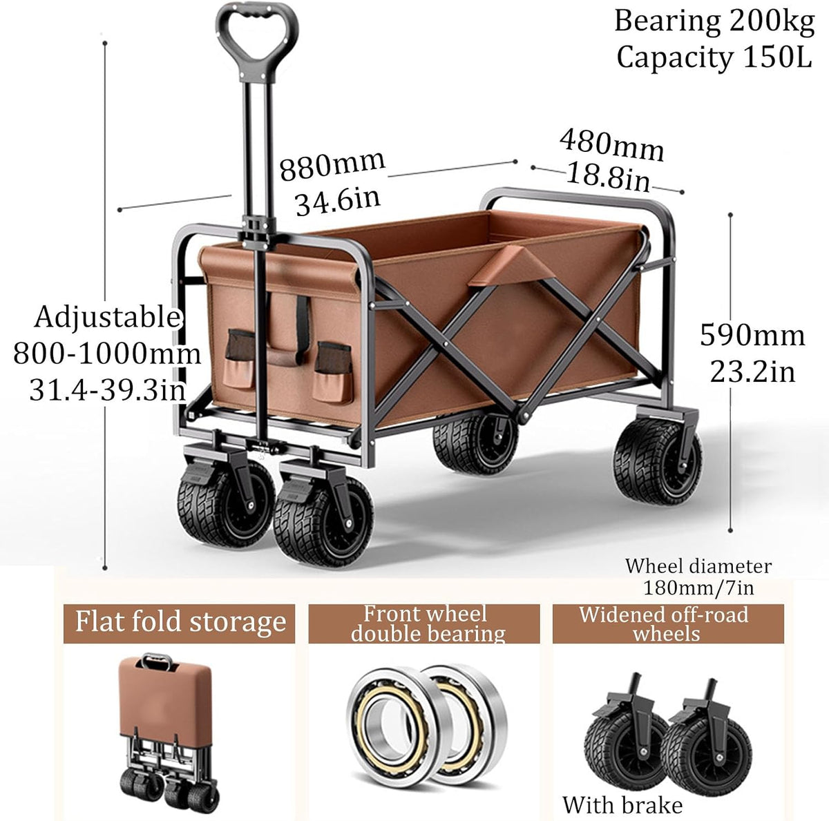 Coffee Color Garden Carts,Collapsible Wagon,Sports Outdoor Utility Wagon Folding Garden Wagon Sports Steel Frame Foldable Yard Car Side Pockets Camping Cart Off-Road Wheels with Brakes