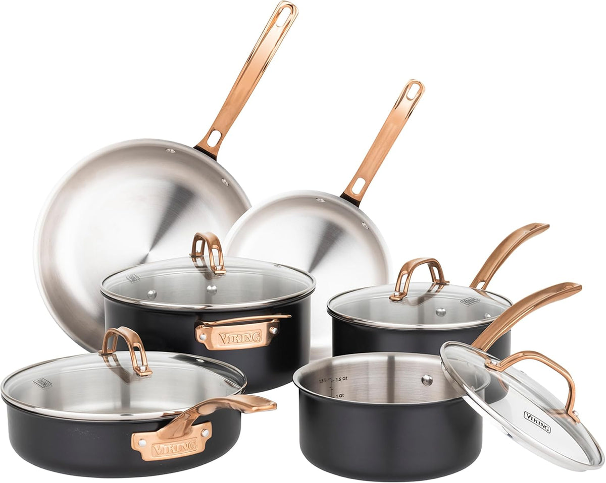 Viking 3-Ply Cookware Set, 10 Piece Stainless Steel Kitchen Cookware with Glass Lids, Oven Safe, Induction Ready, Black with Copper