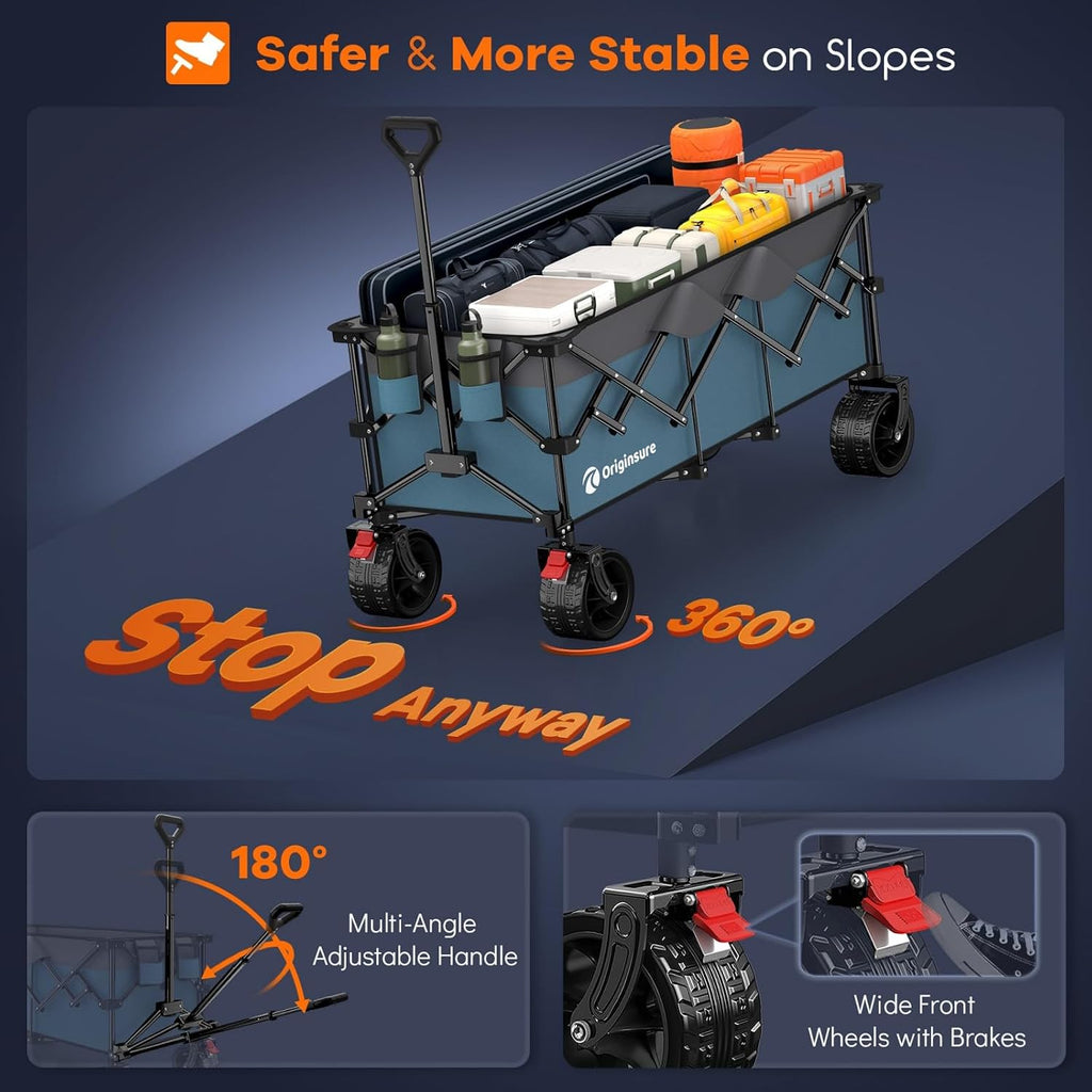 Originsure 48' L Collapsible Wagon Cart Foldable, 560lbs Weight Capacity 300L Heavy Duty Folding Beach Wagons with Big All-Terrain Wheels, Utility Carts for Groceries, Camping, Sports - Grey&Blue