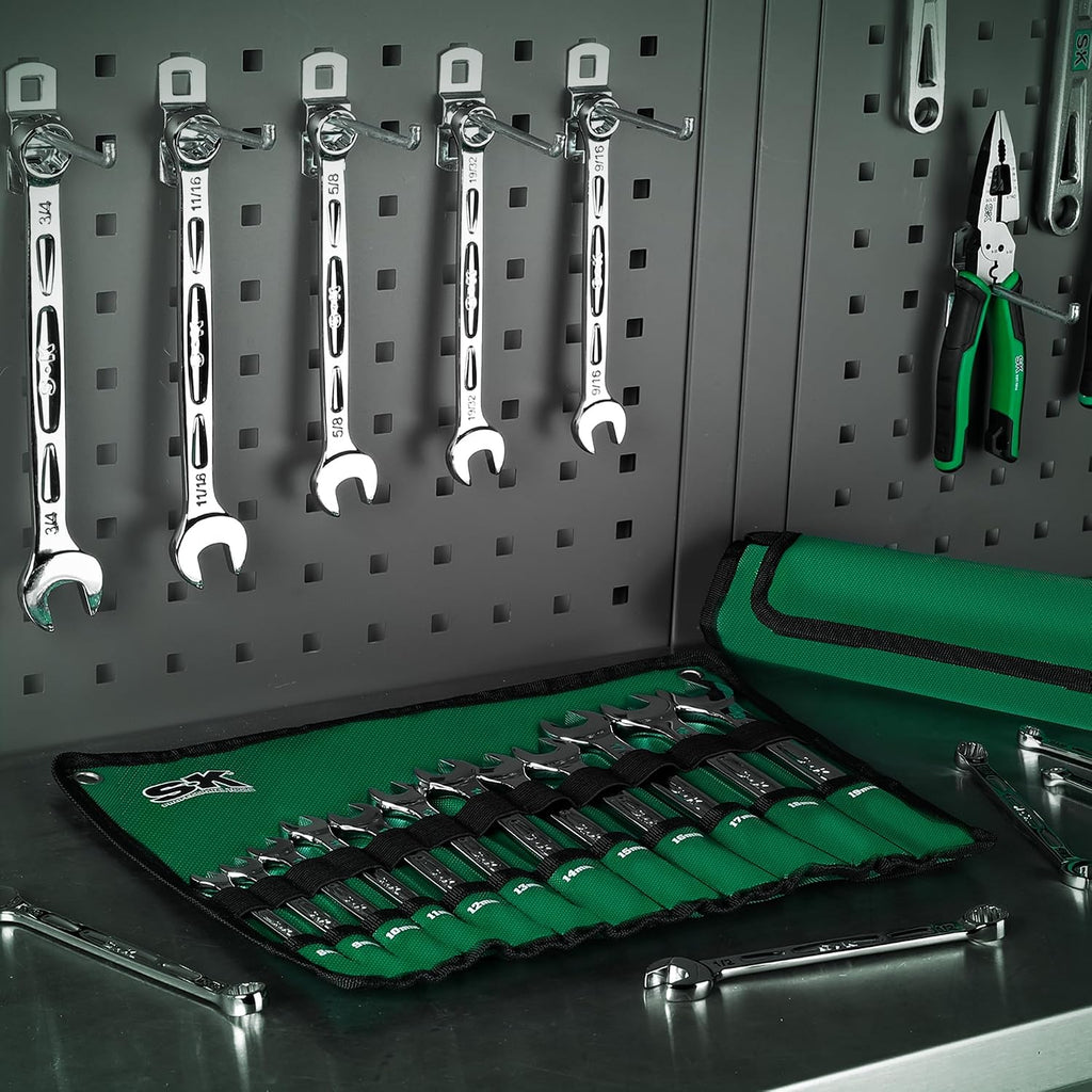 SK Combination Wrench Set, SAE 5/16' to 3/4', Metric 8 to 19mm, 23-Piece, SuperKrome Finish, Premium CR-V Construction, with Rolling Pouch