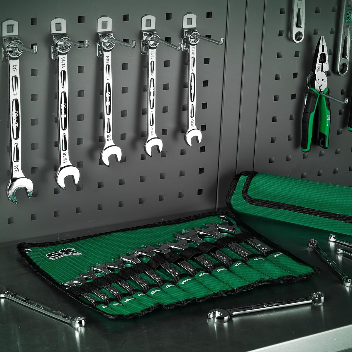 SK Combination Wrench Set, SAE 5/16' to 3/4', Metric 8 to 19mm, 23-Piece, SuperKrome Finish, Premium CR-V Construction, with Rolling Pouch