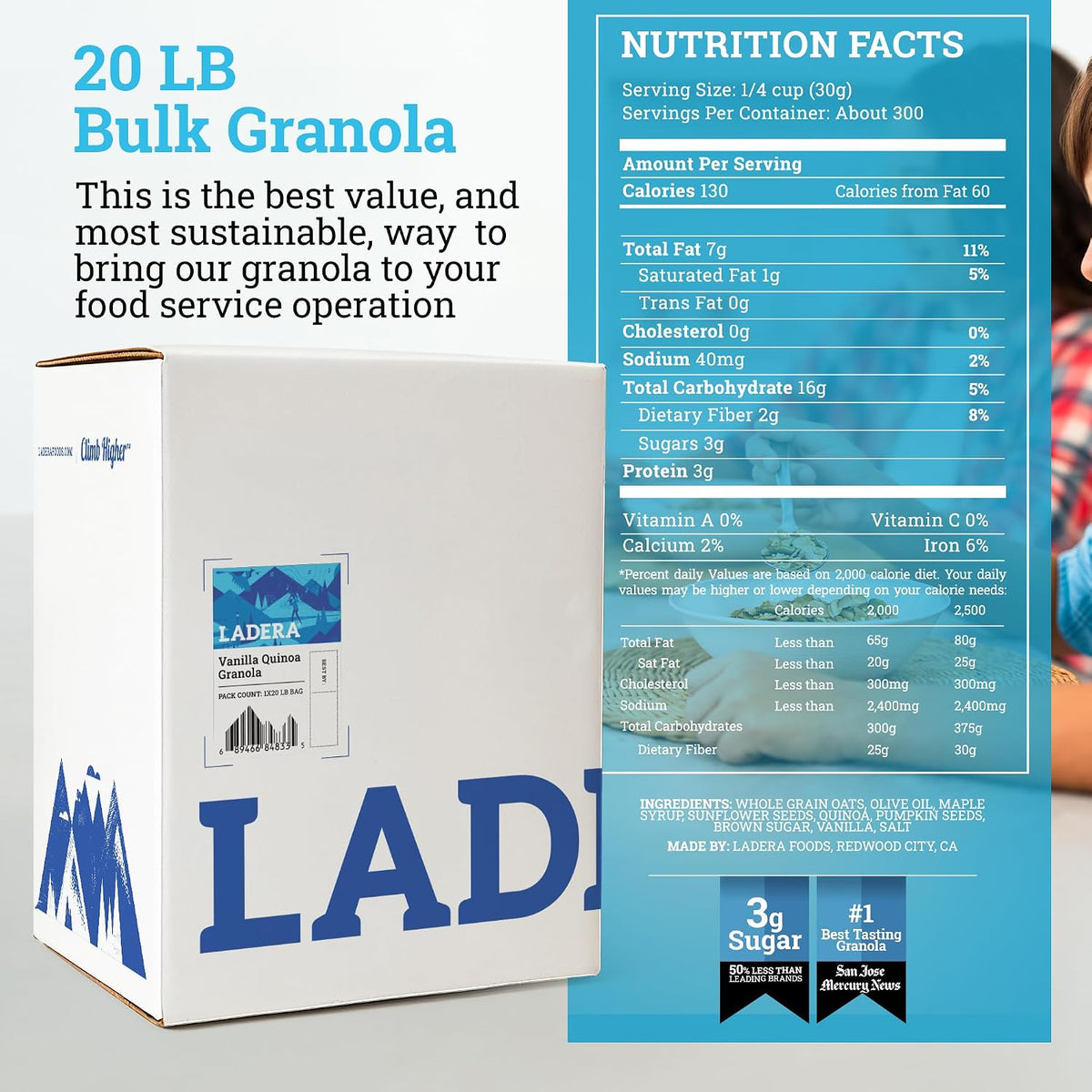 Ladera Vanilla Quinoa Granola - Nut Free Low Sugar Breakfast Cereal, Gluten Free & Vegan, Honest Ingredients, 20 LB