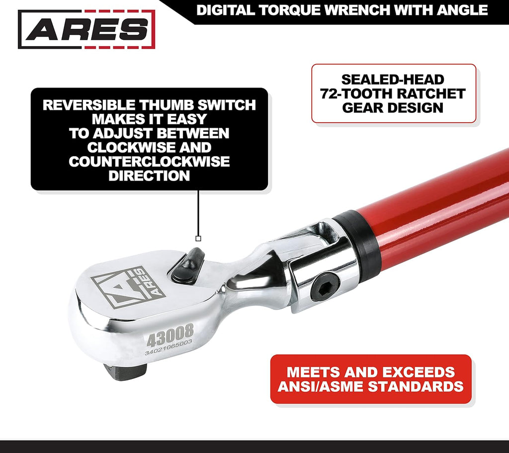 ARES 43008-1/2-Inch Drive Flex Head Digital Torque Wrench – Torque and Angle Readings - 25-250 ft-lb (30-340 Nm) Electronic Reversible Ratchet, Multi-Alert, ±2% Accuracy – Auto, Motorcycle, Mechanic