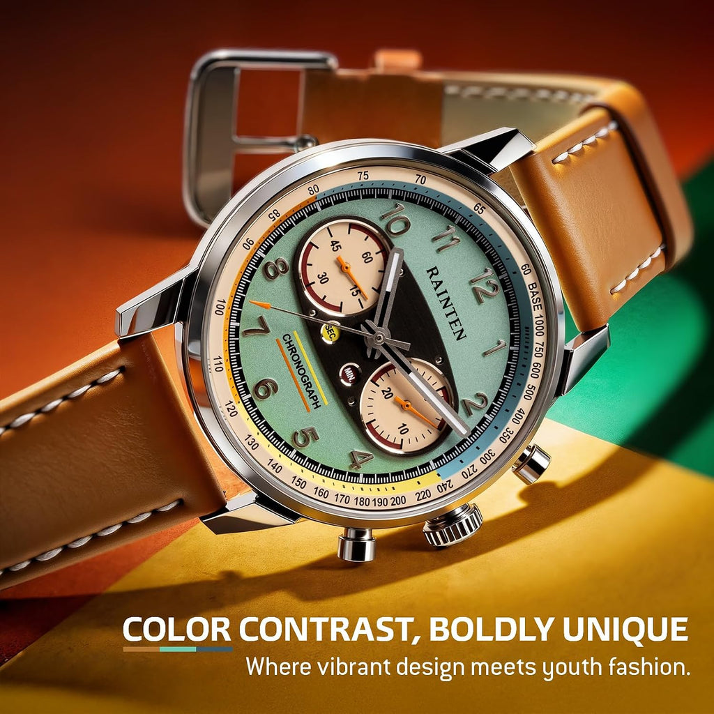 RAINTEN Chronograph Watch, Mechanical Watch for Men, Case 40mm, Seagull St19 | Stainless Steel with Genuine Leather Strap and Sapphire Crystal, Nylon Strap, Gifts- R9032, R9031B, R9031, R9031A