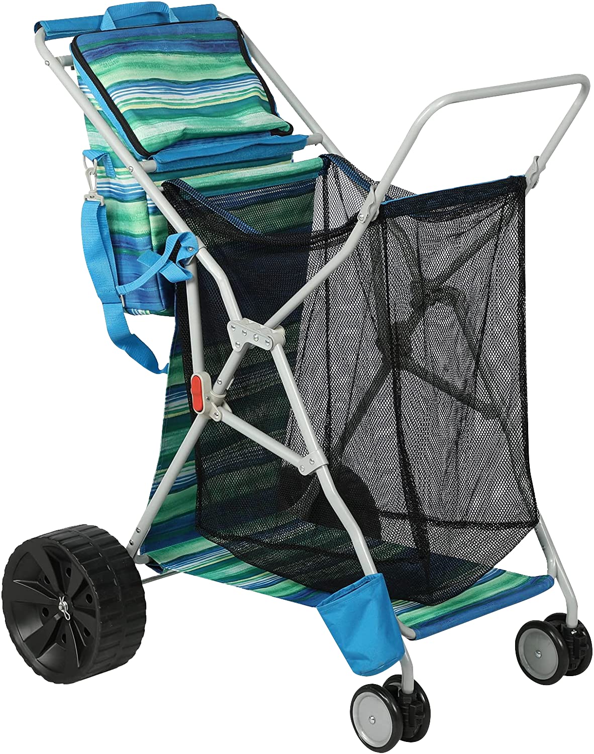 Old Bahama Bay Beach Cart with Big Wheels for Sand, Folding All Terrain Wheels Beach Wagon with Cooler Bag Umbrella Holder, Big Mesh Storage Capacity for Outdoor Camping, Supports 100lbs, Blue/Green
