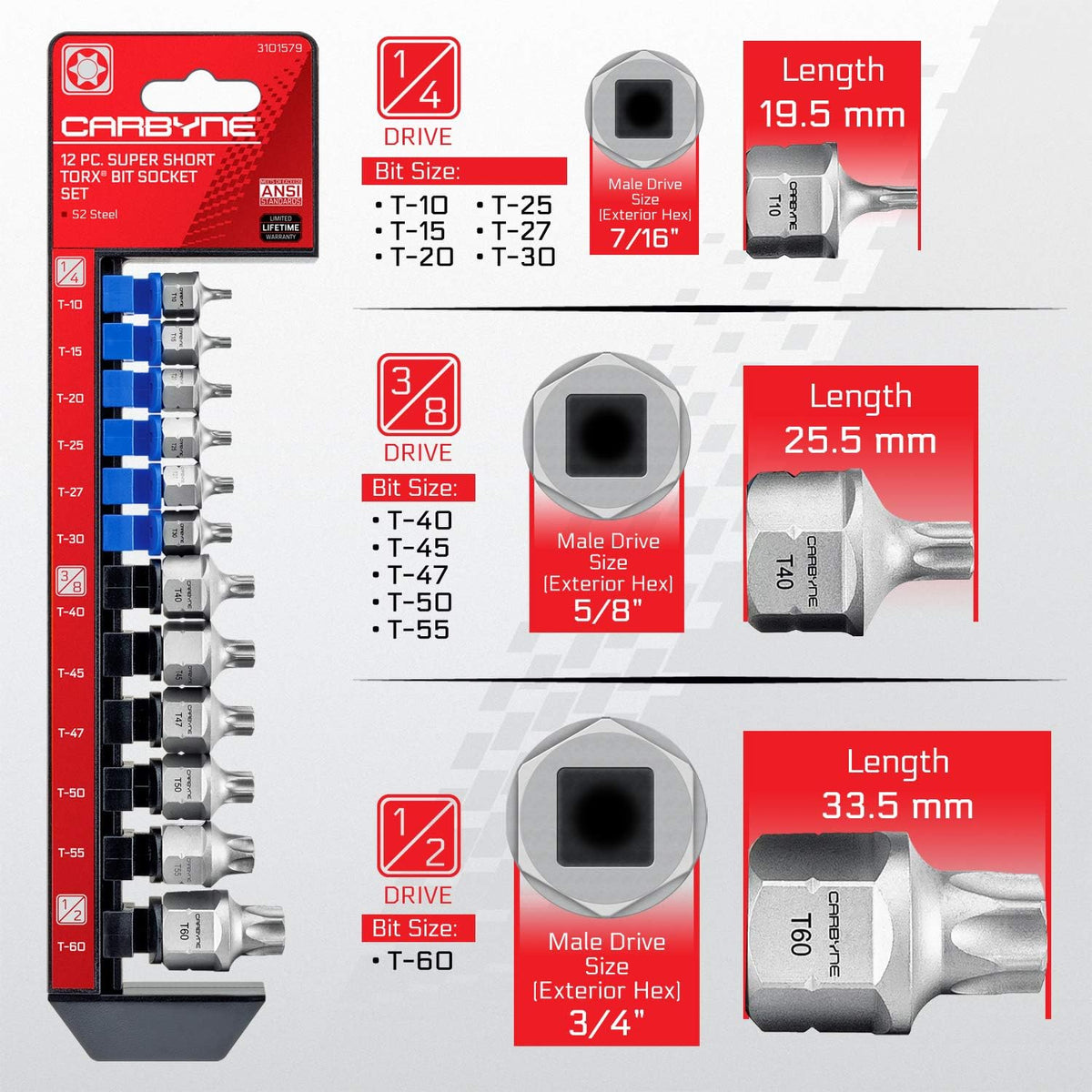 CARBYNE 12-Piece Torx Stubby Low Profile Bit Socket Set, T10 to T60, S2 Steel, Dual Drive Internal Square and External Hex Drive for Tight Confined Spaces, Genuine Licensed Torx