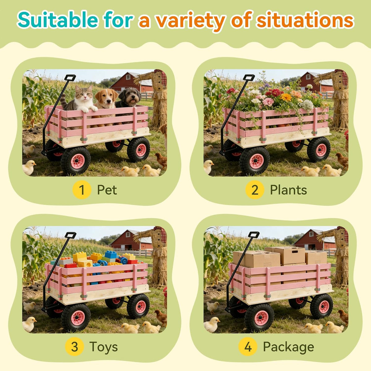 Garden Cart with Removable Side Panels, 176 lbs Capacity - Heavy-Duty Steel Yard Cart with Pneumatic Tires, Ideal for Gardening, Beach Use, and More (Pink-Black Handle)