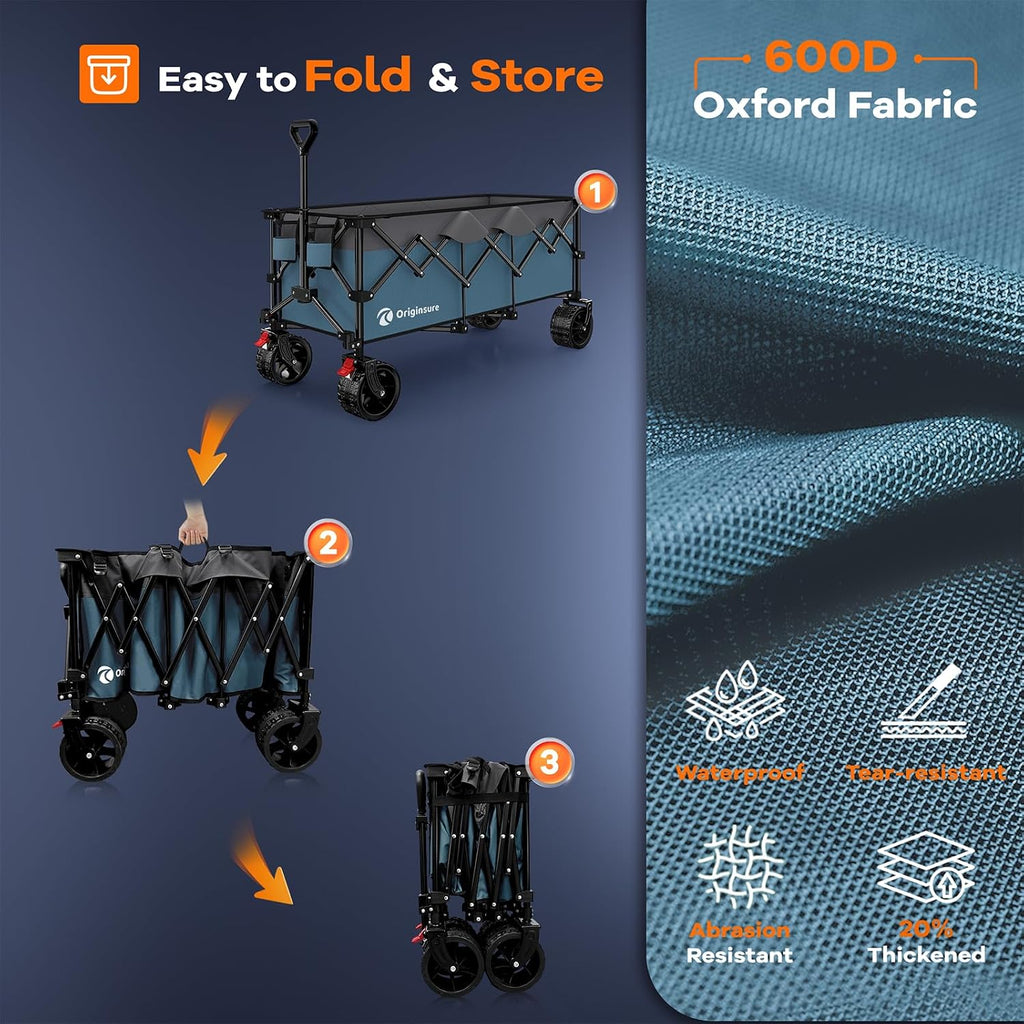 48' L Folding Beach Wagon Cart Foldable, 560lbs Weight Capacity 300L Heavy Duty Collapsible Wagons with Big All-Terrain Wheels, Utility Carts for Groceries, Shopping, Camping, Sports - Grey&Blue