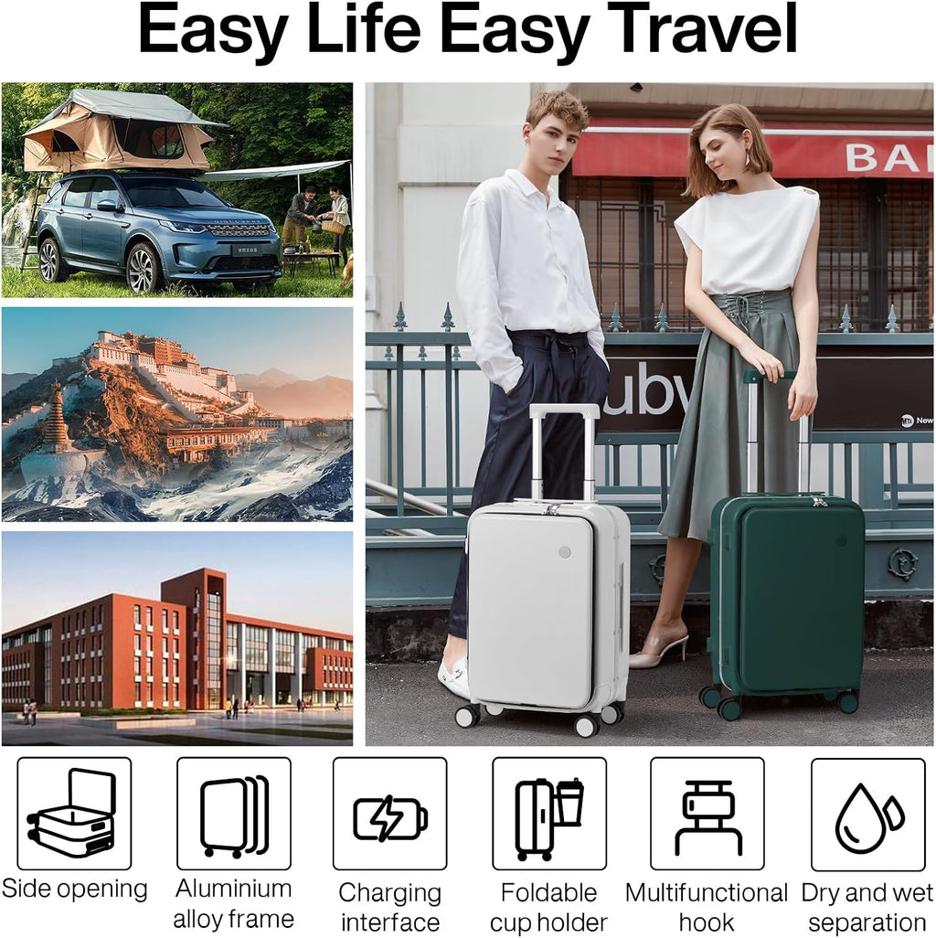 mixi Large Checked Luggage with Cup Phone Holder and Charger Hard Shell Suitcases with Spinner Wheels, 26 Inch Blackish Green
