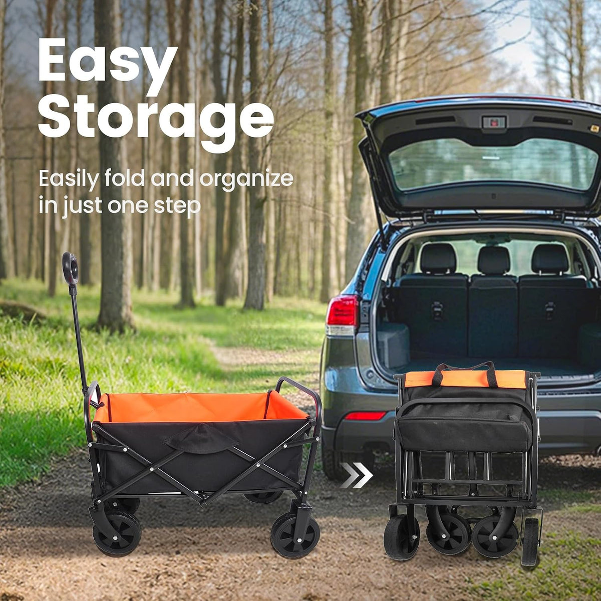 Foldable Wagon Cart, Collapsible Utility Wagon with 220 LBS Capacity, Heavy Duty Steel Frame, Lightweight Portable Folding Cart for Camping, Beach, Garden, Shopping, Sports, Orange