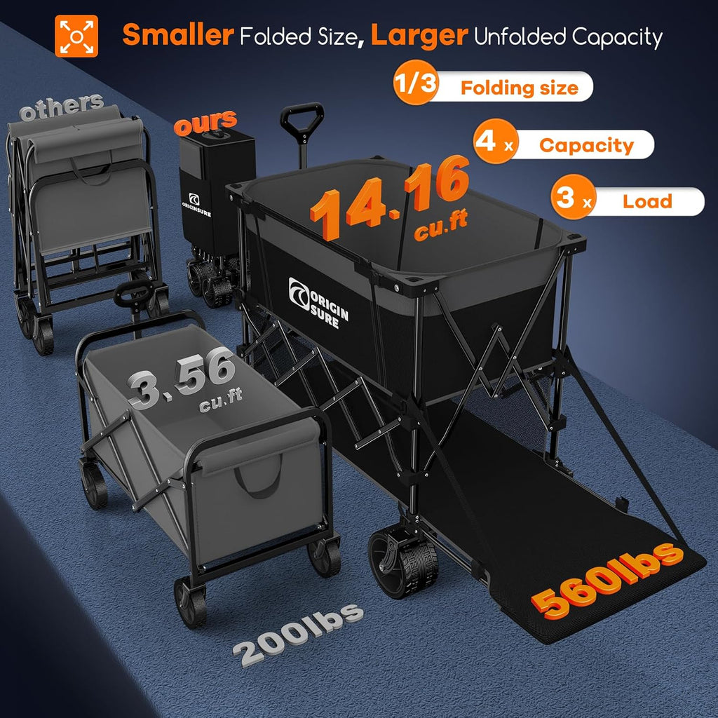 Originsure 400L Double Decker Wagon Collapsible with 54' L Tailgate, 560lbs Heavy Duty Carts Foldable, Extra Large Folding Beach Wagon with Big All-Terrain Wheels for Camping, Sports, Grey&Black