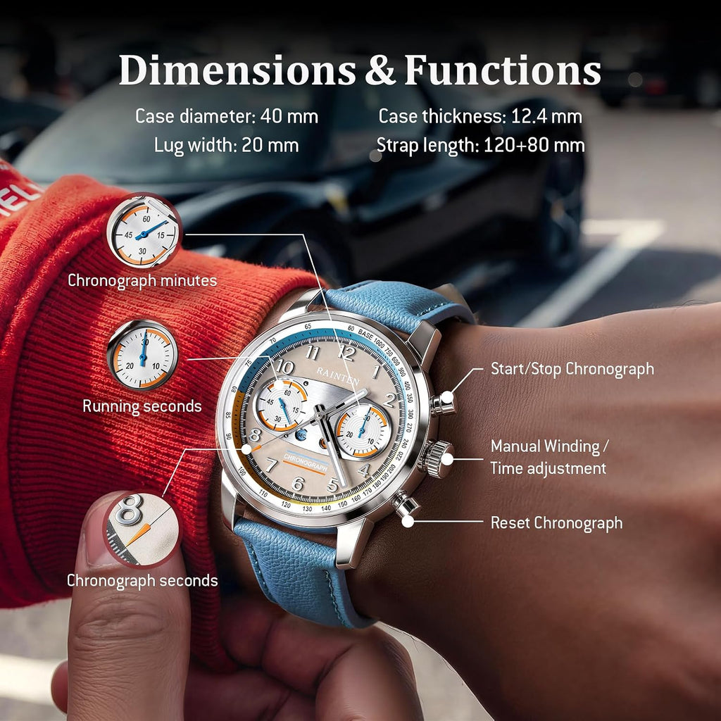 RAINTEN Chronograph Watch, Mechanical Watch for Men, Case 40mm, Seagull St19 | Stainless Steel with Genuine Leather Strap and Sapphire Crystal, Nylon Strap, Gifts- R9032, R9031B, R9031, R9031A