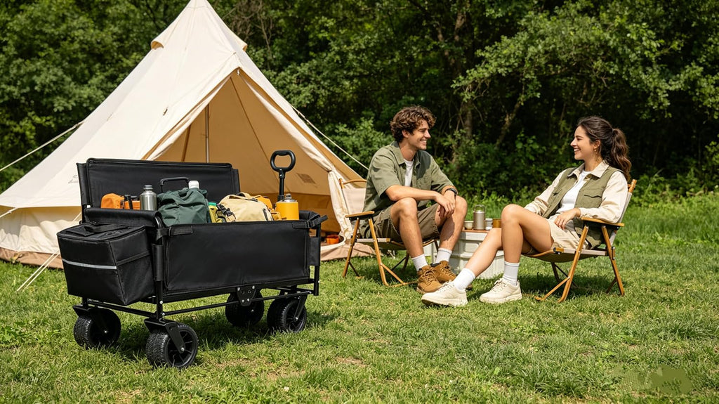 3-in-1 Convertible Folding Wagon Cart with Bench Seat & Storage - Includes 1 ice Pack, 500lbs Heavy-Duty Utility Wagon, All-Terrain Wheels for Camping, Beach, Sports, Garden (Black)