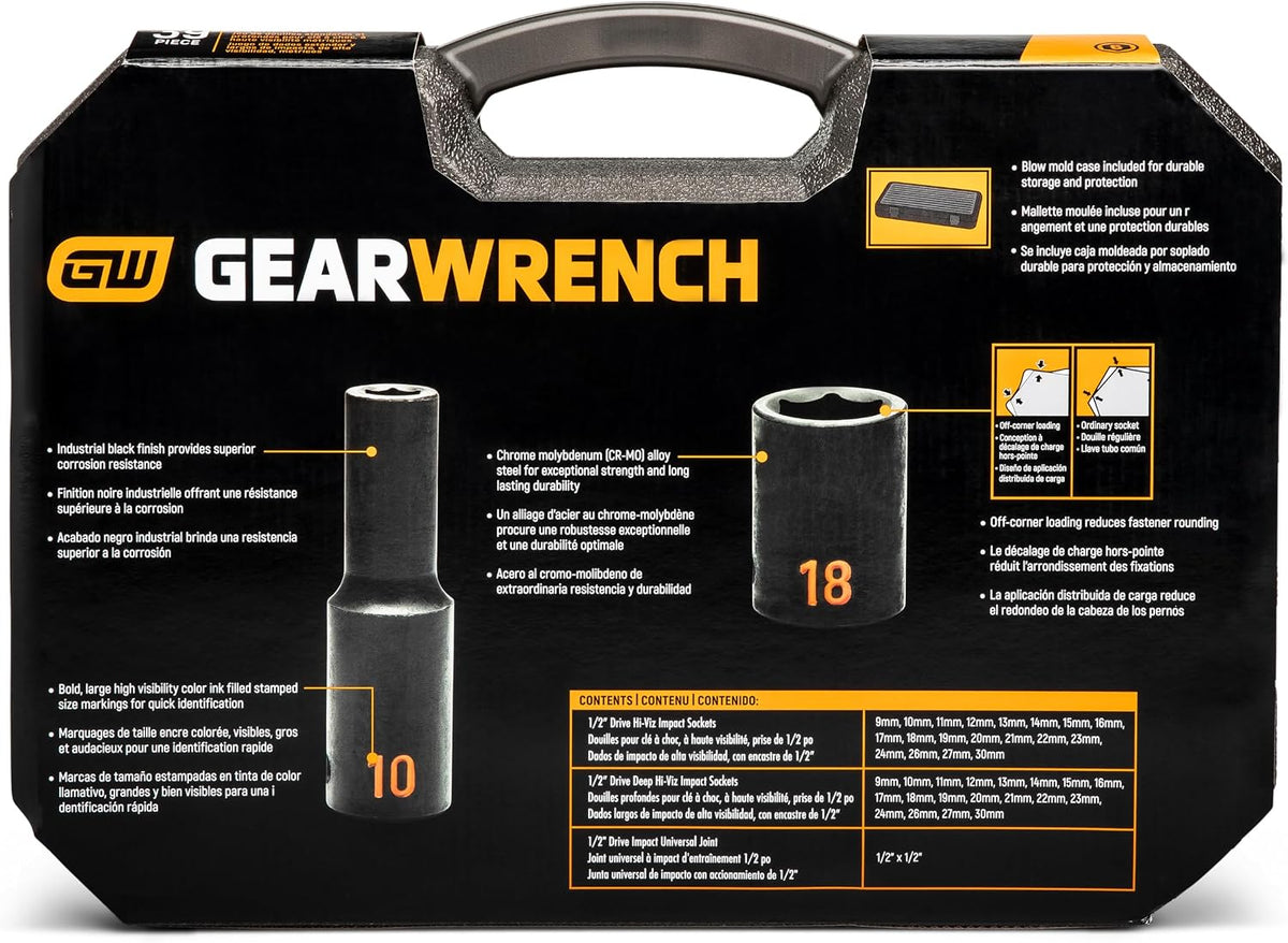 GEARWRENCH 39 Piece 1/2' Drive 6 Point Metric Hi-Viz Standard & Deep Impact Socket Set | 84948H