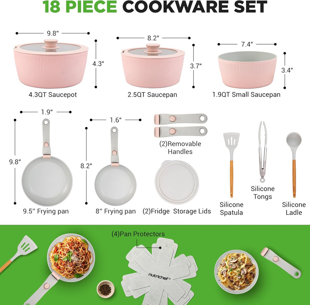 NutriChef 18-Piece Ceramic Cookware Set with Detachable Handles, Non Stick Pots and Pans, PTFE-Free Natural Ceramic Coating, Space-Saving Design, Oven & Stove Safe, Includes Utensils, Pink