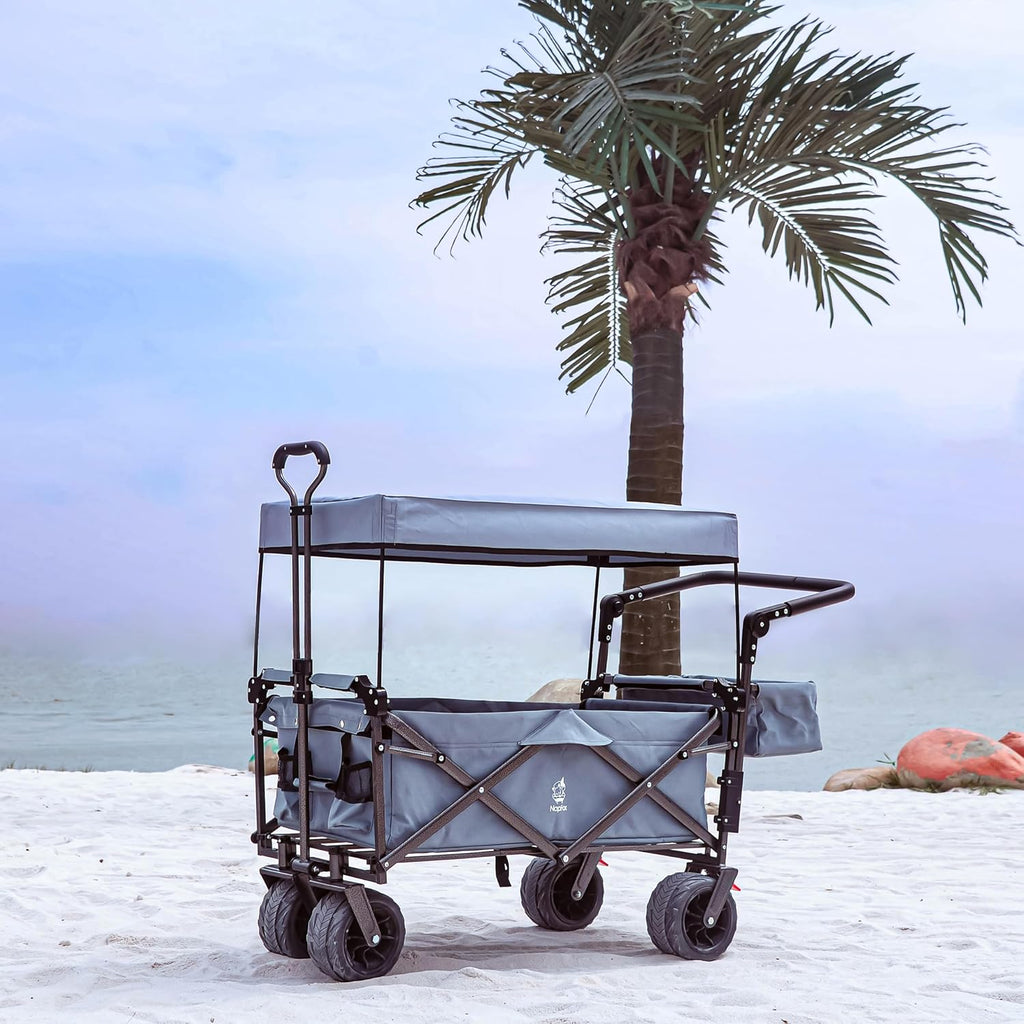 Collapsible Wagon Heavy Duty Folding Wagon Cart with Removable Canopy, 4' Wide Large All Terrain Wheels, Brake, Adjustable Handles,Cooler Bag Utility Carts for Outdoor Garden Wagons Carts Beach Cart