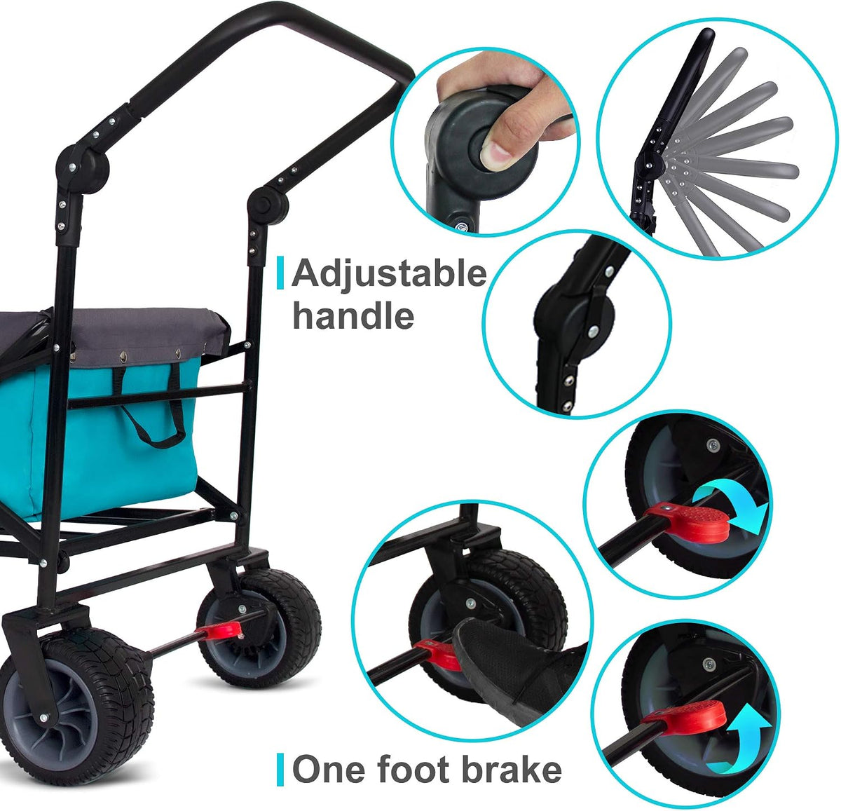 TMZ All Terrain Utility Folding Wagon, Collapsible Garden Cart, Heavy Duty Beach Wagon, for Shopping, Camping, and Outdoor Activities with Push Handle and Brake (Turquoise/Grey)