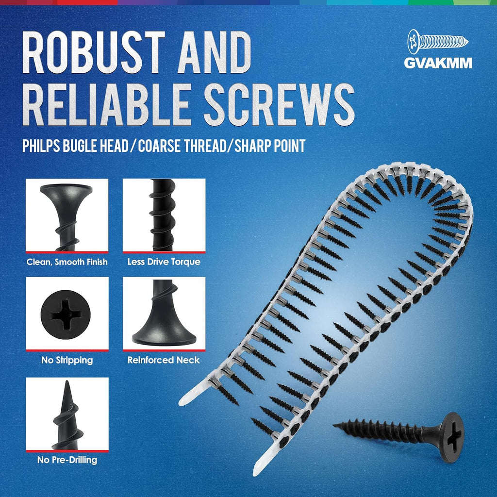 #6 ×1-1/4 inch Drywall to Wood Collated Screws – 6000 Count (6 Pack of 1000-Count Buckets), Black Coarse Thread Sheetrock Screws