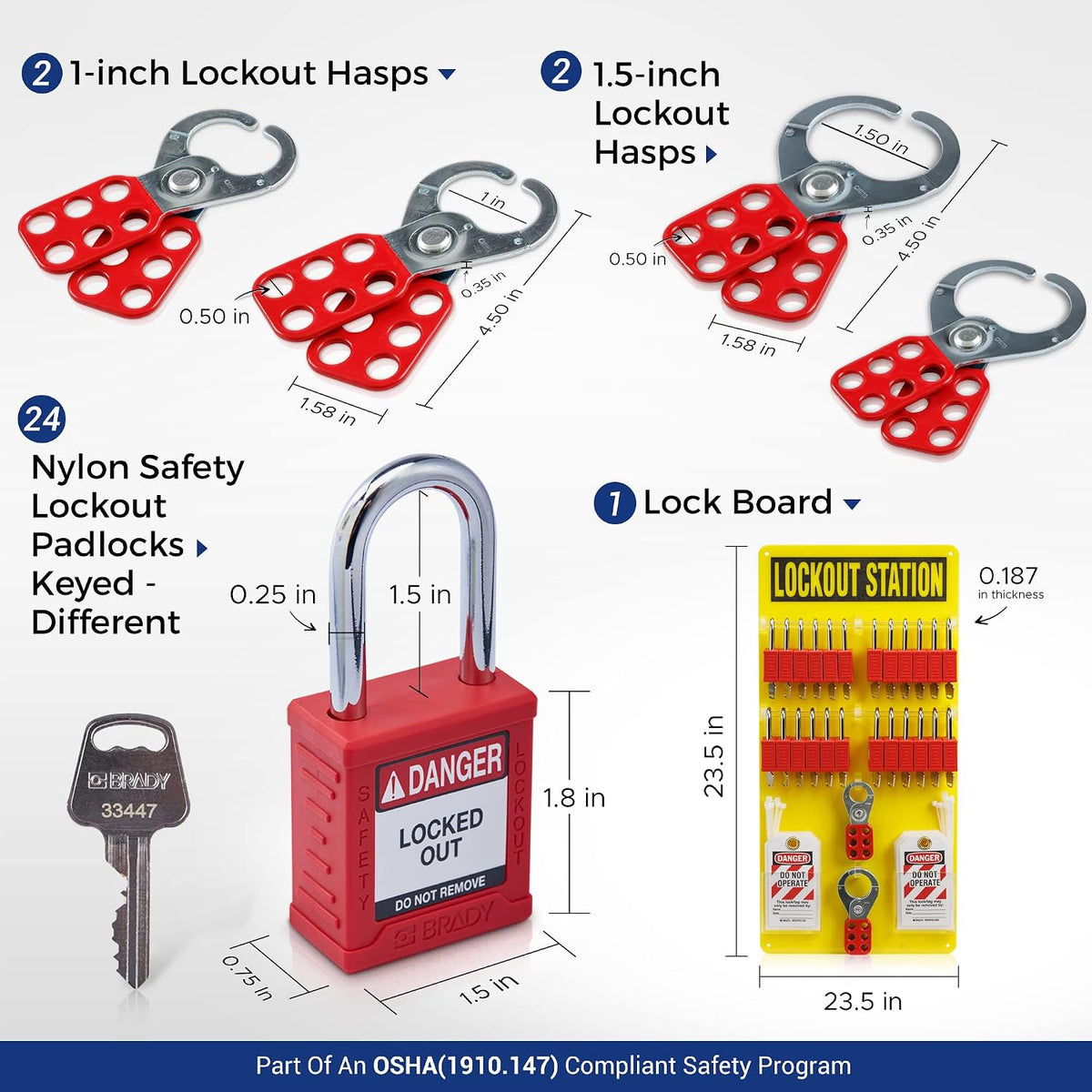 BRADY Lockout Tagout Station with Loto Devices Tag Out Kit Board Includes 24 Keyed Different Safety Lock Set, 4 Hasps for Padlocks. 30 Do Not Operate Tags for Lockout Safety Supply - 153687, Yellow