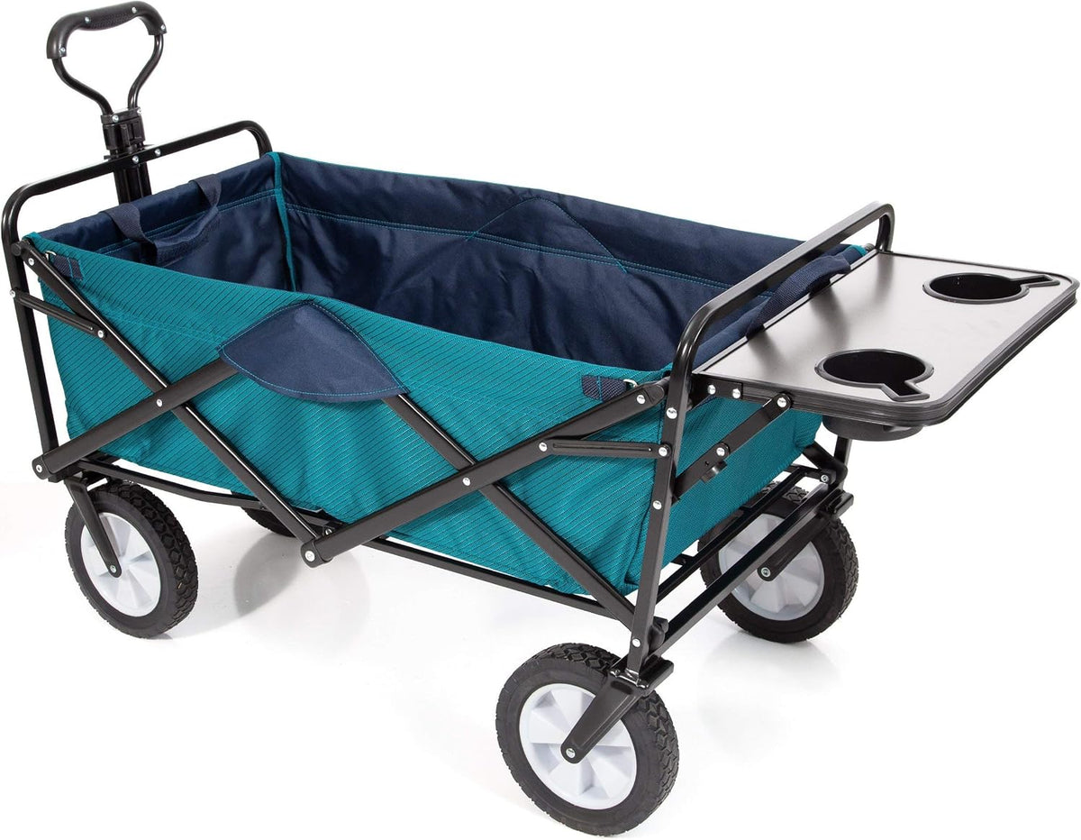 MacSports Heavy Duty Collapsible Outdoor Folding Utility Cart with Adjustable Rolling Wheels - All Terrain Sports & Beach Wagon with Side Table