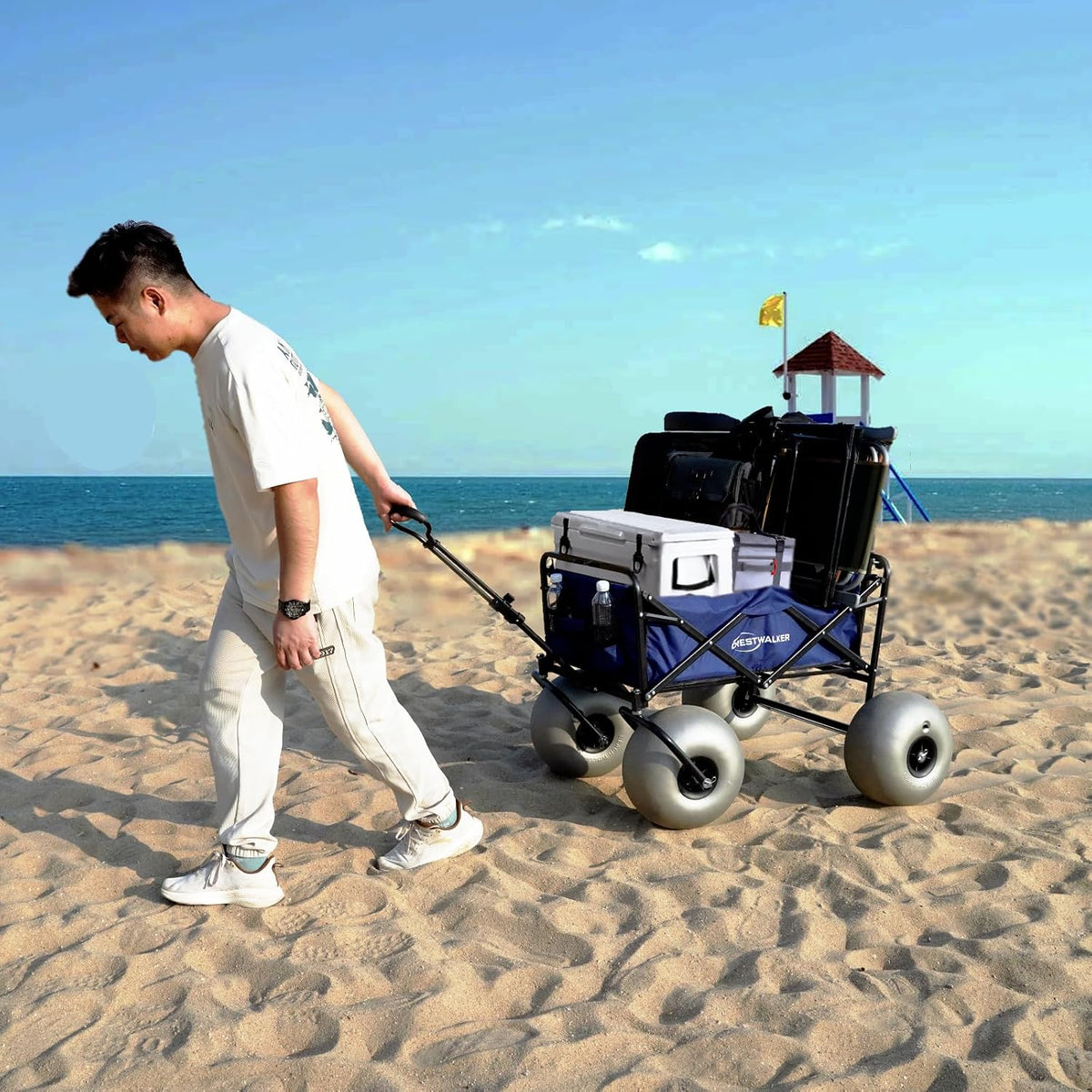 Beach Wagon with Balloon Wheels and Chair Racks, Collapsible Cart with Big Wheels for Sand, Heavy Duty 300 lbs Capacity, Folds Thin with Quick-Release Forks (13'' Wheel)