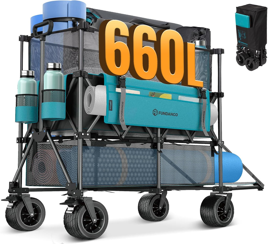 FUNDANGO Double Decker Wagon with High Extender & Tailgate, 660L XXL Foldable Collapsible Double Wagons, Heavy Duty Grocery Cart with All-Terrain Wheels for Camping, Baseball/Softball Gear, Home