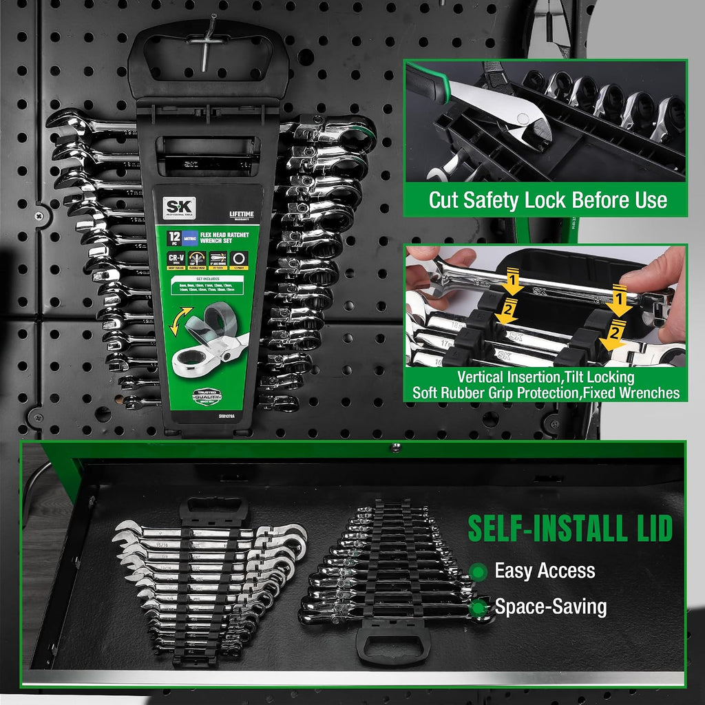 SK Flex-Head Ratcheting Wrench Set, Combination Wrench Set, 12-Piece, Metric 8 to 19mm, 72-Tooth, Premium CR-V Construction, with Rack Organizer