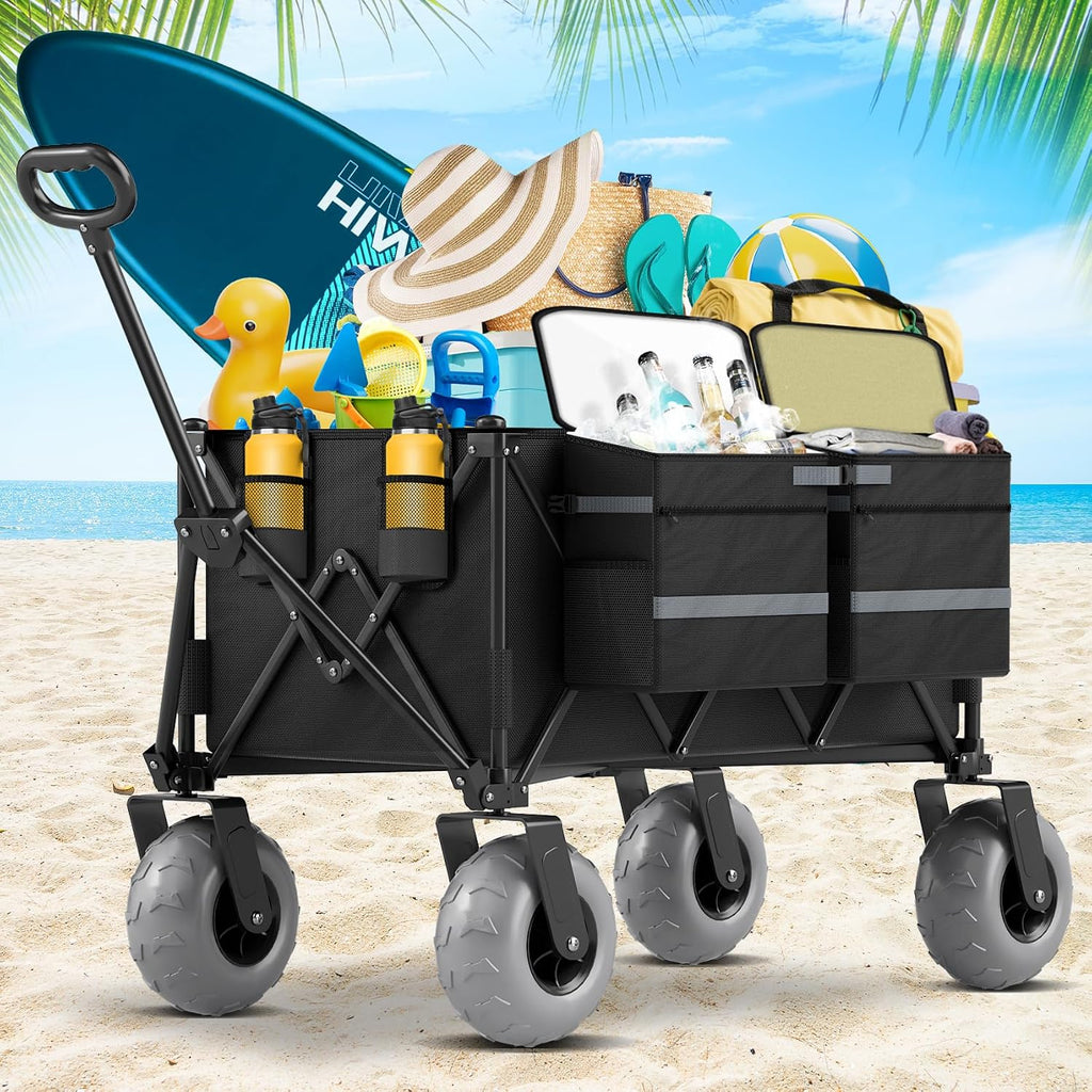 Heavy Duty Beach Wagon with 9' Big Wheels for Sand - 450lbs Load Foldable Wagon with Adjustable Handle & Cooler Bag, Collapsible Beach Cart for Shopping Garden Sports Camping Outdoor