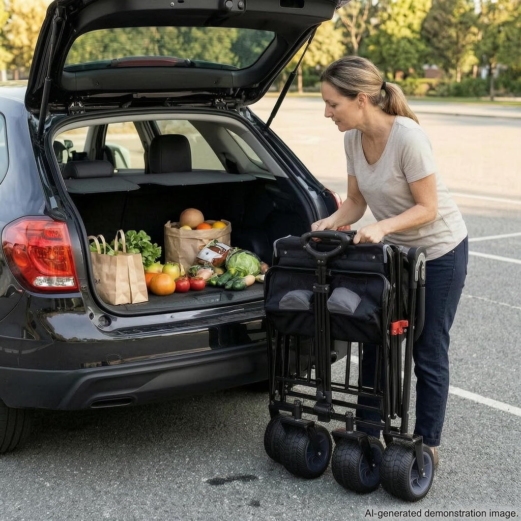 TMZ All Terrain Utility Folding Wagon, Collapsible Garden Cart, Heavy Duty Beach Wagon, for Shopping, Camping, and Outdoor Activities with Push Handle and Brake (Black/Grey)