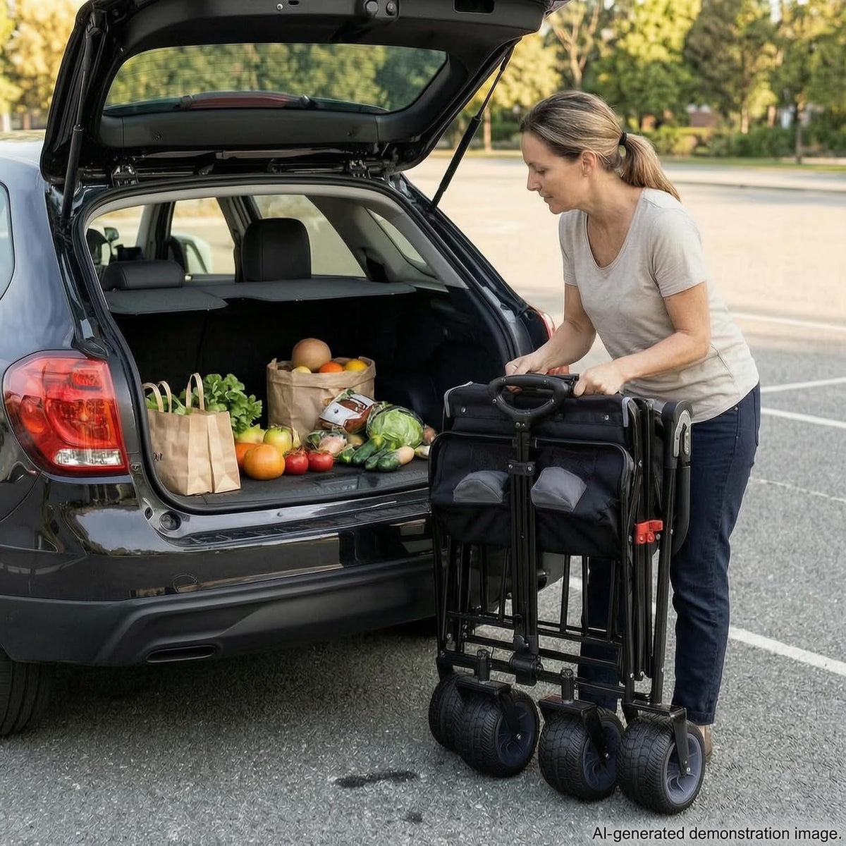 TMZ All Terrain Utility Folding Wagon, Collapsible Garden Cart, Heavy Duty Beach Wagon, for Shopping, Camping, and Outdoor Activities with Push Handle and Brake (Black/Grey)