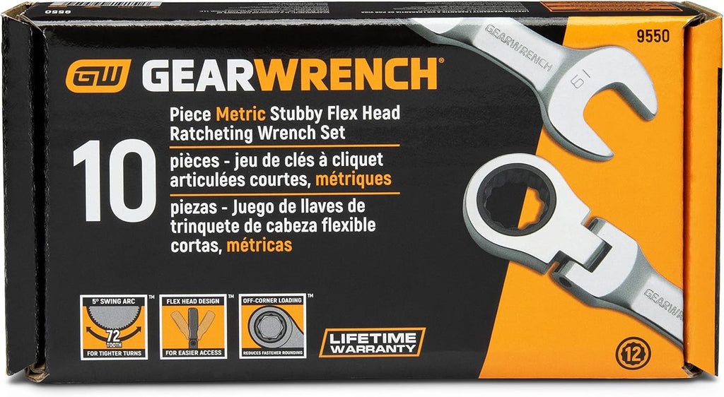 GEARWRENCH 10 Pc. 12 Pt. Stubby Flex Head Ratcheting Combination Wrench Set, Metric - 9550