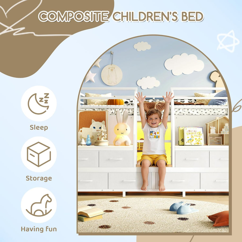 Metal Low Loft Bed with 8 Drawers & Storage Shelves, Heavy Duty Loft Bed Frame with LED Light, Playhouse Bed for Kids, Boys & Girls, White