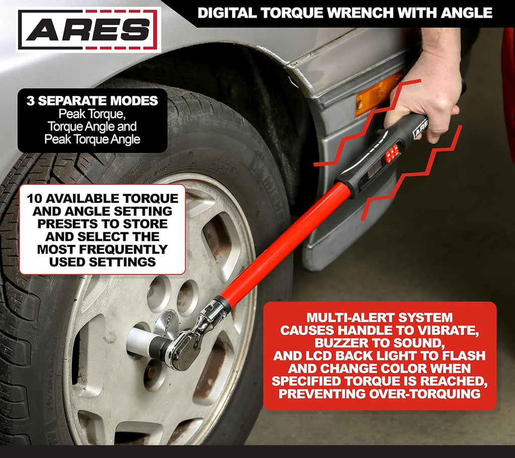 ARES 43008-1/2-Inch Drive Flex Head Digital Torque Wrench – Torque and Angle Readings - 25-250 ft-lb (30-340 Nm) Electronic Reversible Ratchet, Multi-Alert, ±2% Accuracy – Auto, Motorcycle, Mechanic