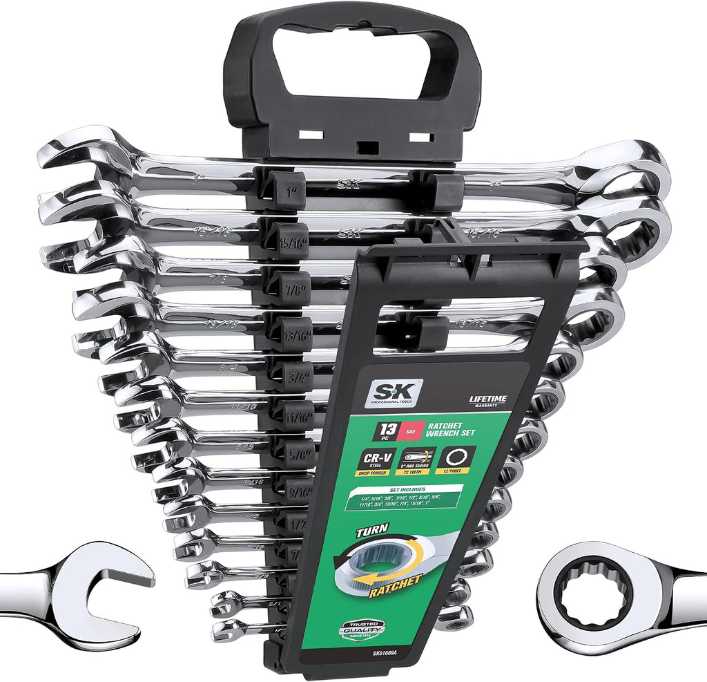 SK Ratcheting Wrench Set, Combination Wrench Set, 13-Piece, SAE 1/4' to 1', 72-Tooth, Premium CR-V Construction, with Rack Organizer