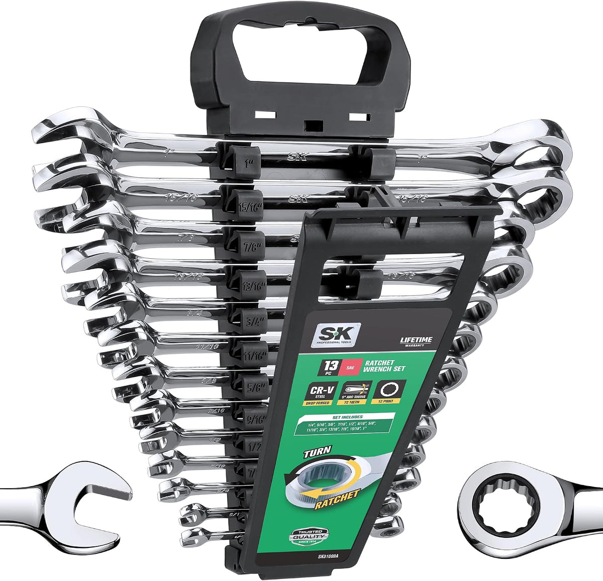 SK Ratcheting Wrench Set, Combination Wrench Set, 13-Piece, SAE 1/4' to 1', 72-Tooth, Premium CR-V Construction, with Rack Organizer