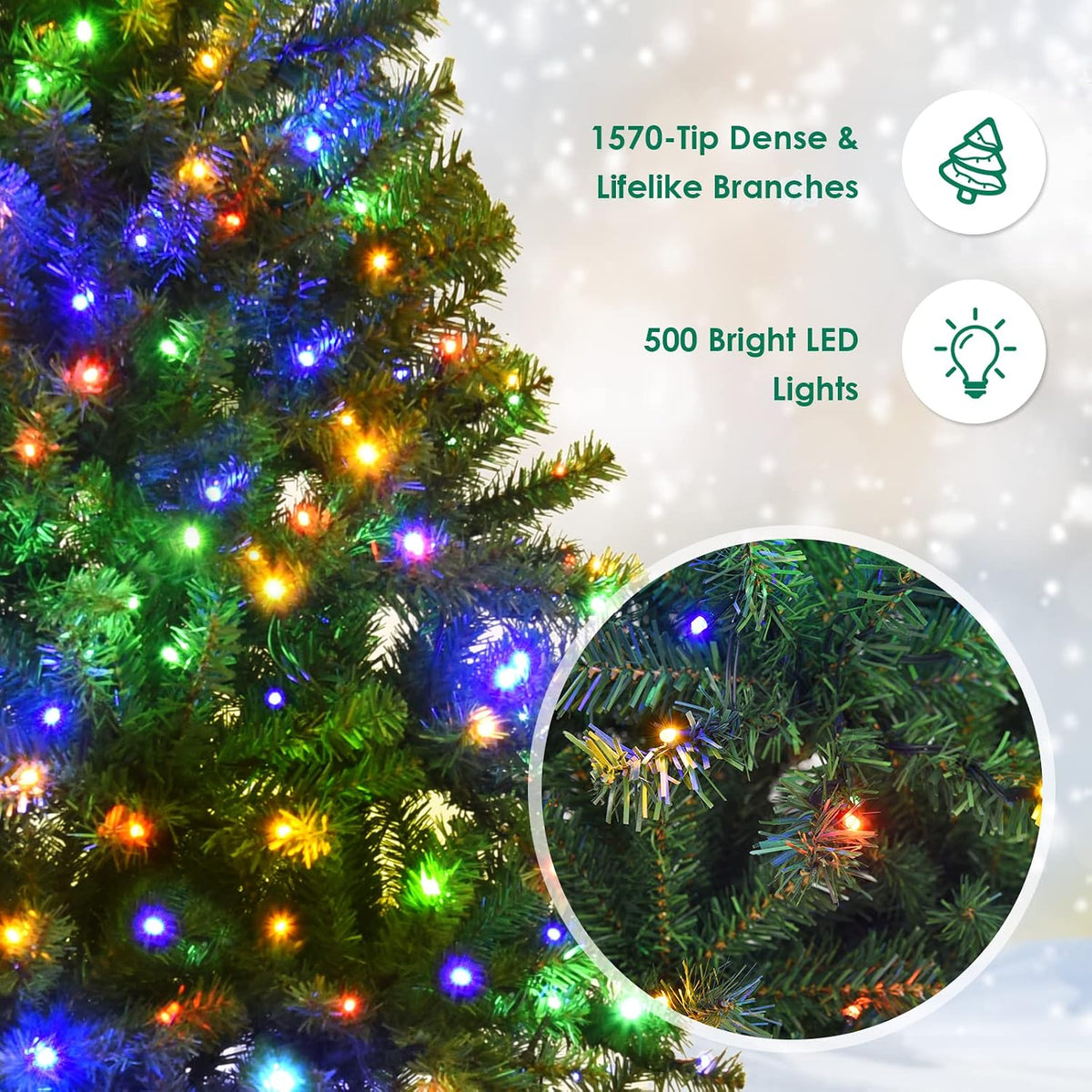 COSTWAY 7 FT Pre-lit Christmas Tree, Artificial Xmas Tree with 500 Warm White & Multicolored Lights, 11 Modes, 1570 Branch Tips, Metal Support, Holiday Decoration Fake Tree for Home, Office, Party